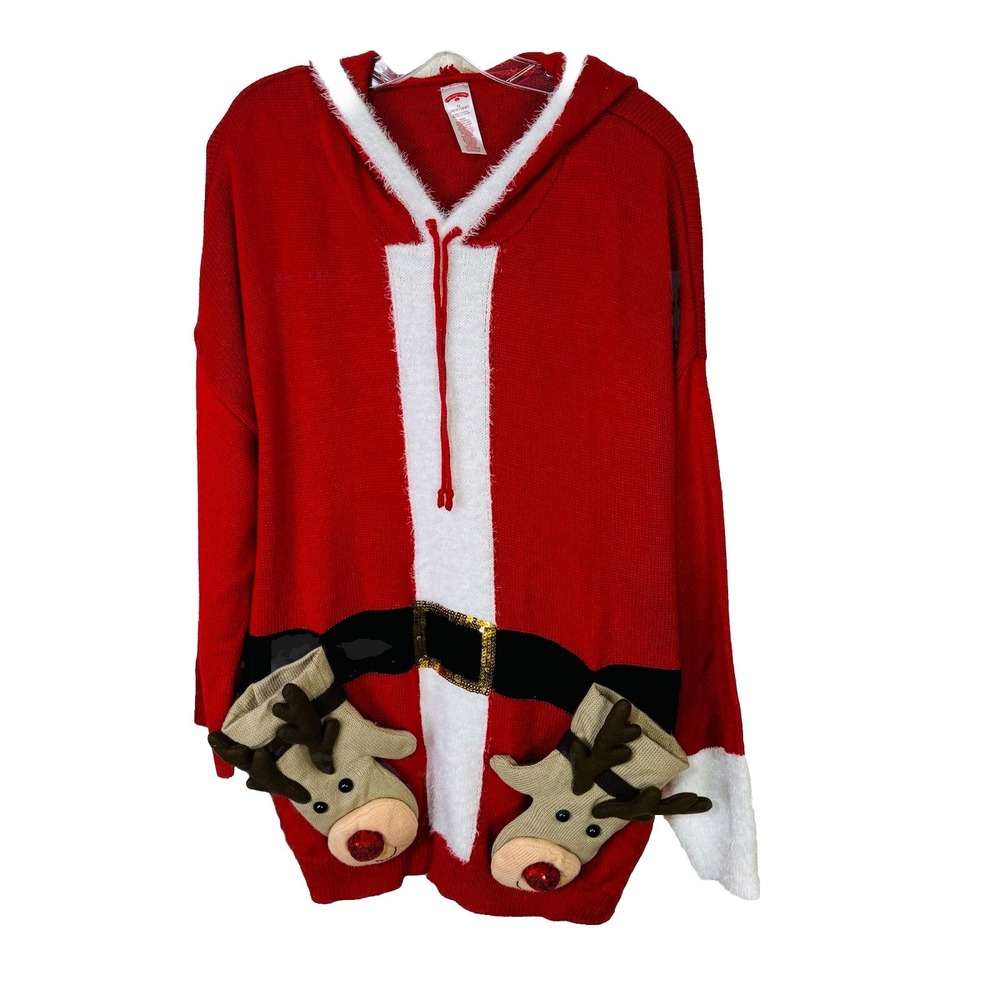 Holiday Time Womens Plus Reindeer Ugly Christmas Hoodie‎ Sweatshirt Sweater 1X